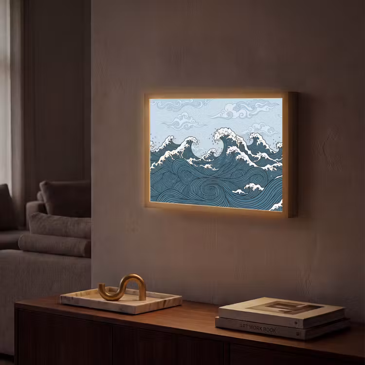 Zee - Golven - Japans - Natuur - Blauw Light Box met batterij (Wandlamp) middel -sfeer1