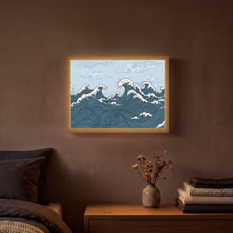 Zee - Golven - Japans - Natuur - Blauw Light Box met batterij (Wandlamp) middel -sfeer4