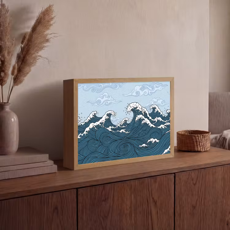 Zee - Golven - Japans - Natuur - Blauw Light Box met batterij (Wandlamp) middel -sfeer2