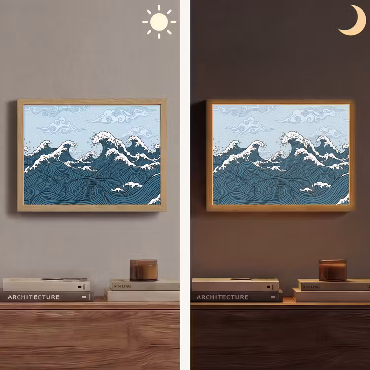 Zee - Golven - Japans - Natuur - Blauw Light Box met batterij (Wandlamp) middel -sfeer3