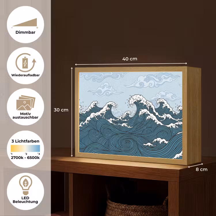 Zee - Golven - Japans - Natuur - Blauw Light Box met batterij (Wandlamp) middel -USP_websiteoverzichtDE