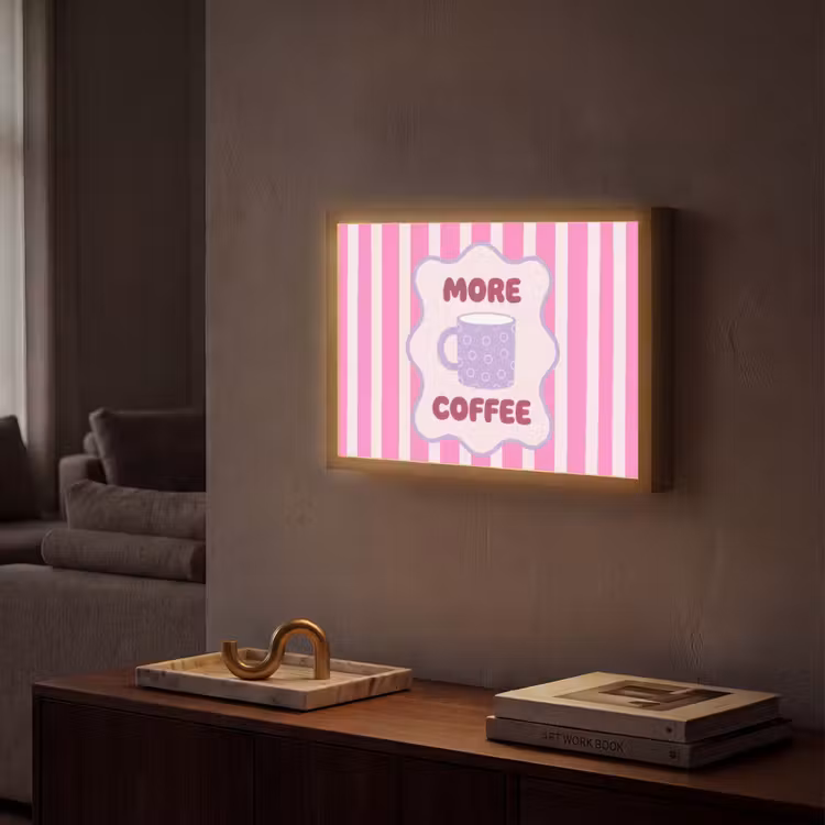 More coffee - Roze - Paars - Strepen - Mok Light Box met batterij (Wandlamp) middel -sfeer1