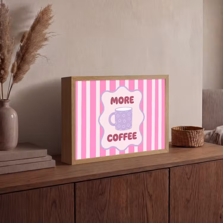 More coffee - Roze - Paars - Strepen - Mok Light Box met batterij (Wandlamp) middel -sfeer2