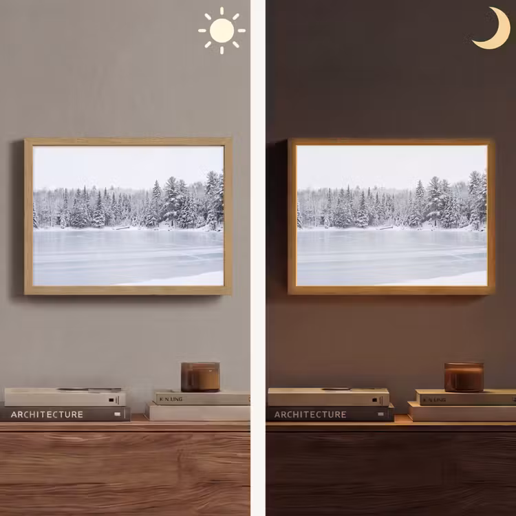 Meer - Dennen - IJs - Winter - Rustgevend Light Box met batterij (Wandlamp) middel -sfeer3