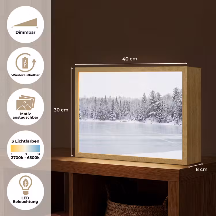 Meer - Dennen - IJs - Winter - Rustgevend Light Box met batterij (Wandlamp) middel -USP_websiteoverzichtDE