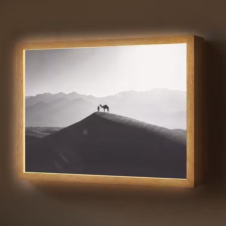 Mens - Kameel - Zandduin - Natuur - Monochroom Light Box met batterij (Wandlamp) middel -z3d_website