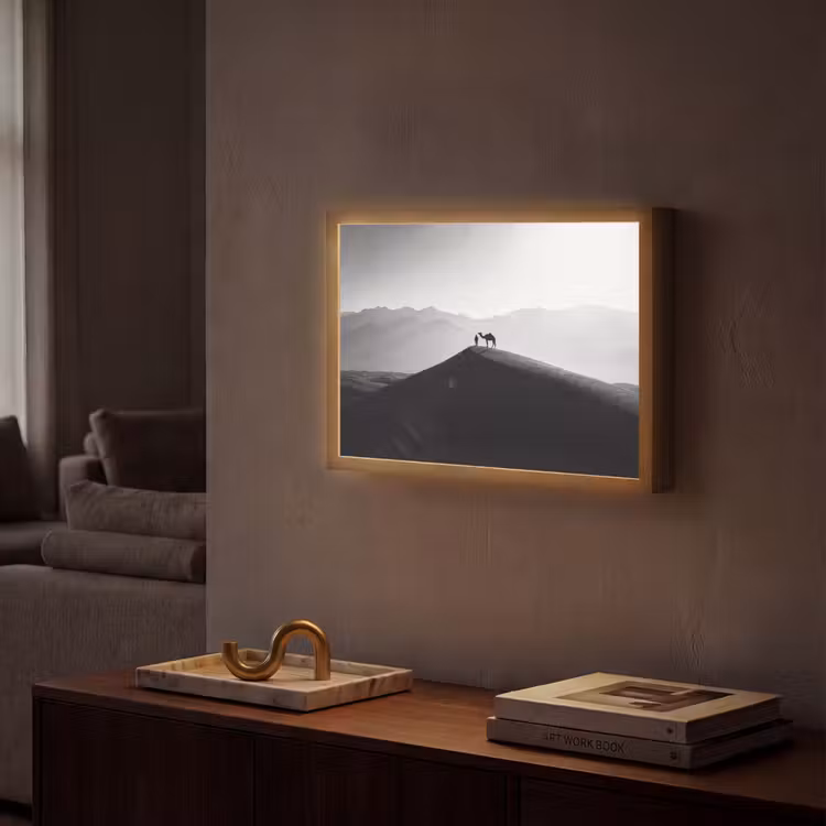 Mens - Kameel - Zandduin - Natuur - Monochroom Light Box met batterij (Wandlamp) middel -sfeer1