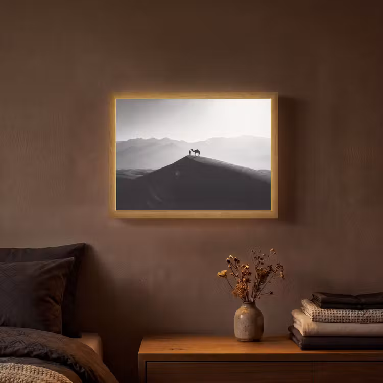 Mens - Kameel - Zandduin - Natuur - Monochroom Light Box met batterij (Wandlamp) middel -sfeer4