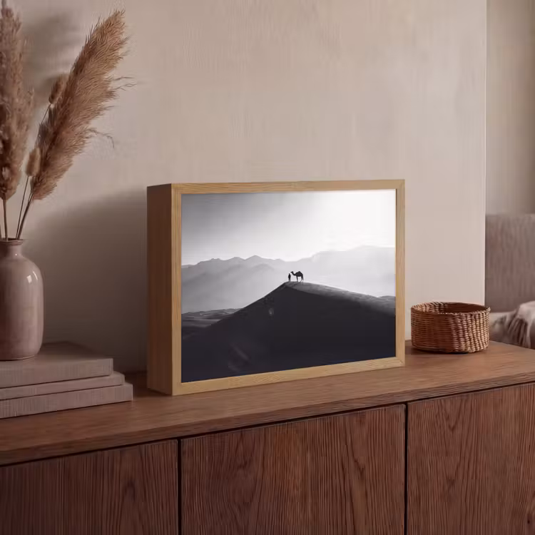 Mens - Kameel - Zandduin - Natuur - Monochroom Light Box met batterij (Wandlamp) middel -sfeer2