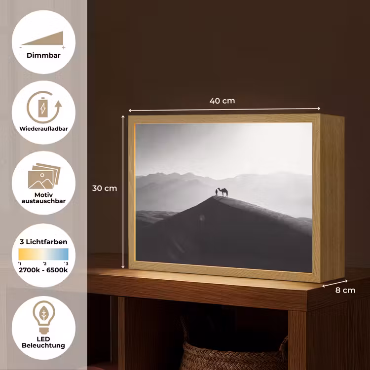 Mens - Kameel - Zandduin - Natuur - Monochroom Light Box met batterij (Wandlamp) middel -USP_websiteoverzichtDE