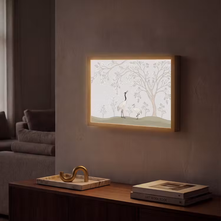 Minimalistisch - Kraanvogels - Blauw Light Box met batterij (Wandlamp) middel -sfeer1