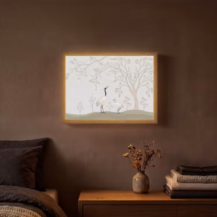 Minimalistisch - Kraanvogels - Blauw Light Box met batterij (Wandlamp) middel -sfeer4
