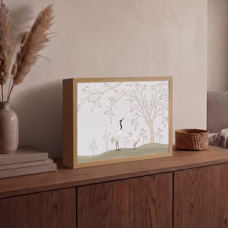 Minimalistisch - Kraanvogels - Blauw Light Box met batterij (Wandlamp) middel -sfeer2