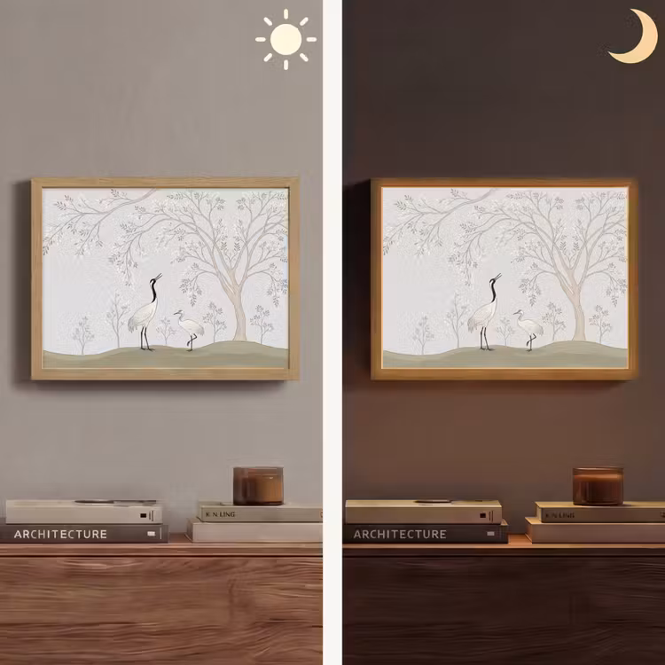 Minimalistisch - Kraanvogels - Blauw Light Box met batterij (Wandlamp) middel -sfeer3