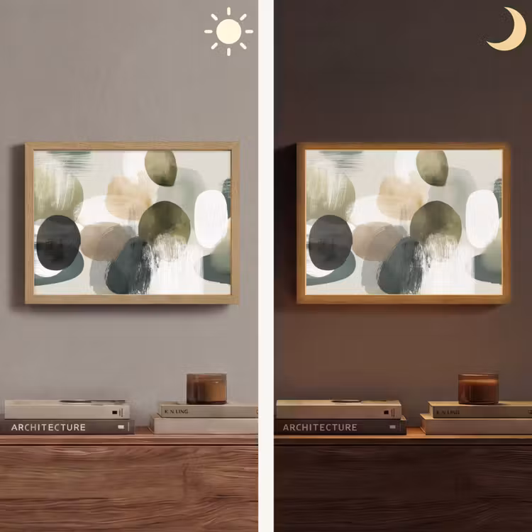 Minimalistisch - Cirkels - Penseelstreken - Beige Light Box met batterij (Wandlamp) middel -sfeer3