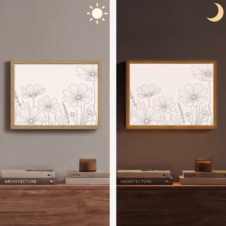 Minimalistisch - Modern - Bloemen - Beige Light Box met batterij (Wandlamp) middel -sfeer3