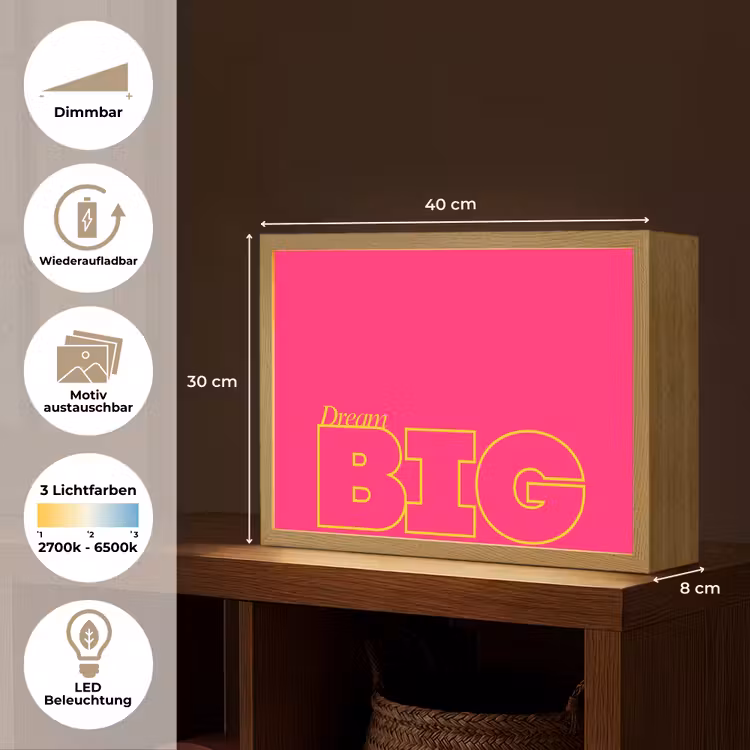 Minimalistisch - Roze - Dream big - Grafisch Light Box met batterij (Wandlamp) middel -USP_websiteoverzichtDE