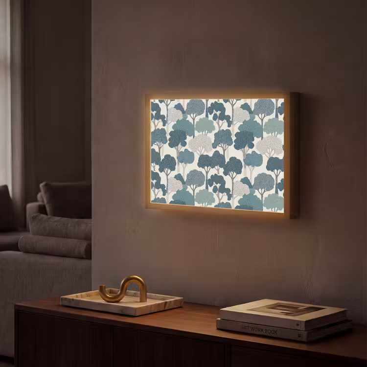 Modern - Bomen - Bos - Patroon - Blauw Light Box met batterij (Wandlamp) middel 907 -sfeer1
