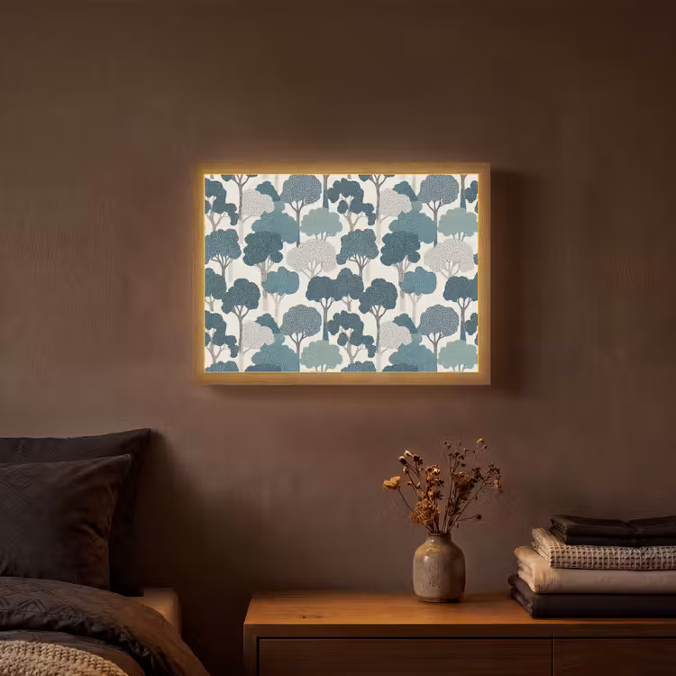 Modern - Bomen - Bos - Patroon - Blauw Light Box met batterij (Wandlamp) middel 907 -sfeer4