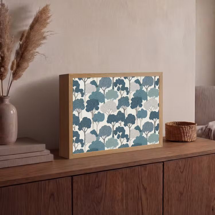 Modern - Bomen - Bos - Patroon - Blauw Light Box met batterij (Wandlamp) middel 907 -sfeer2