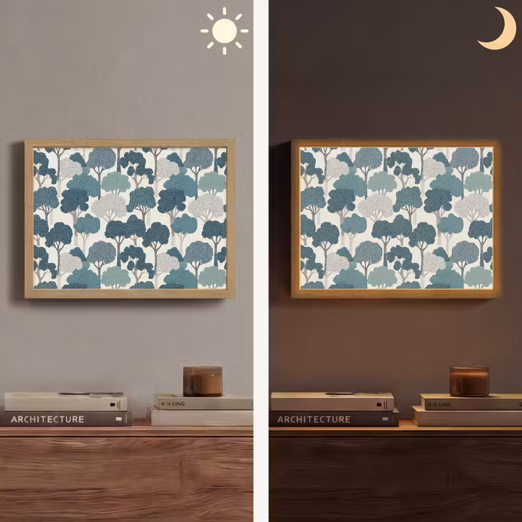 Modern - Bomen - Bos - Patroon - Blauw Light Box met batterij (Wandlamp) middel 907 -sfeer3