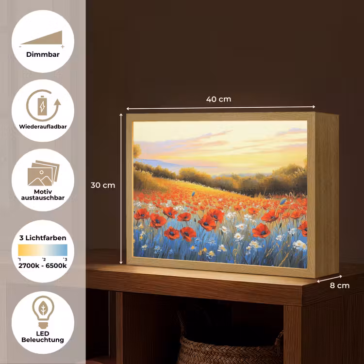 Klaproos - Bloemenveld - Kleurrijk Light Box met batterij (Wandlamp) middel -USP_websiteoverzichtDE