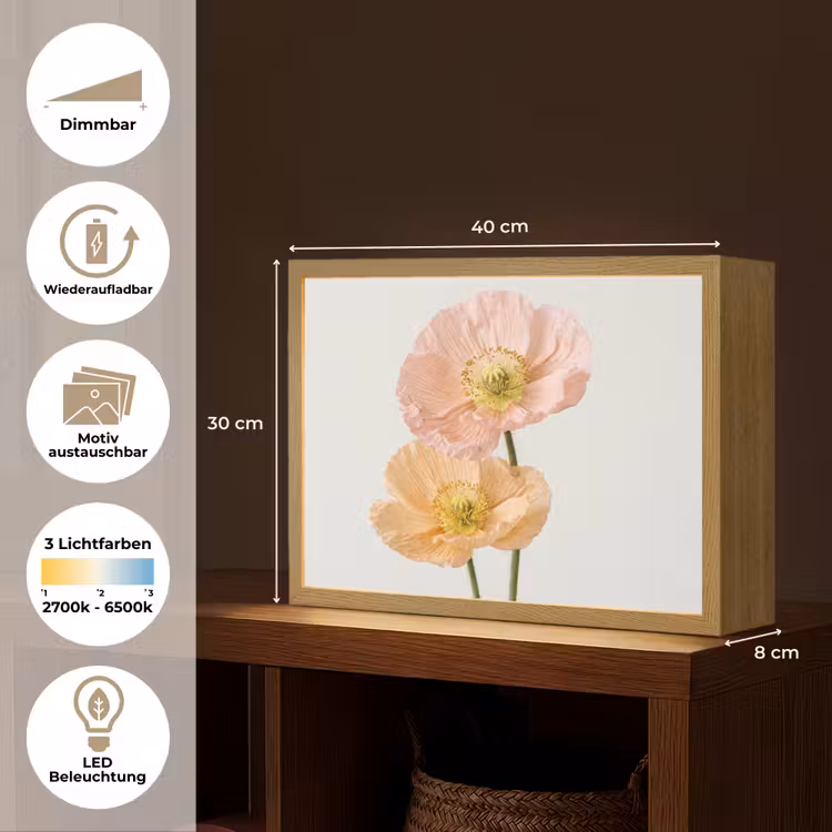 Papavers - Botanisch - Roze Light Box met batterij (Wandlamp) middel -USP_websiteoverzichtDE