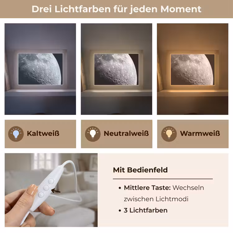 Lightbox - Wandleuchte - Mond – Krater – Weltraum - Maan - Kraters - Ruimte Light Box met kabel (Wandlamp) klein