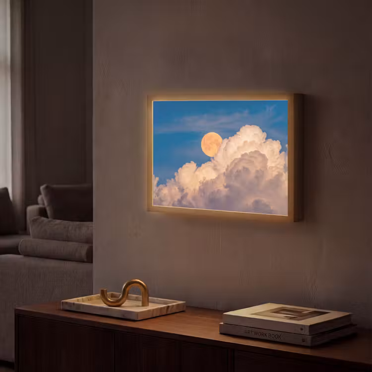 Maan - Wolken - Natuur - Oranje Light Box met batterij (Wandlamp) middel -sfeer1