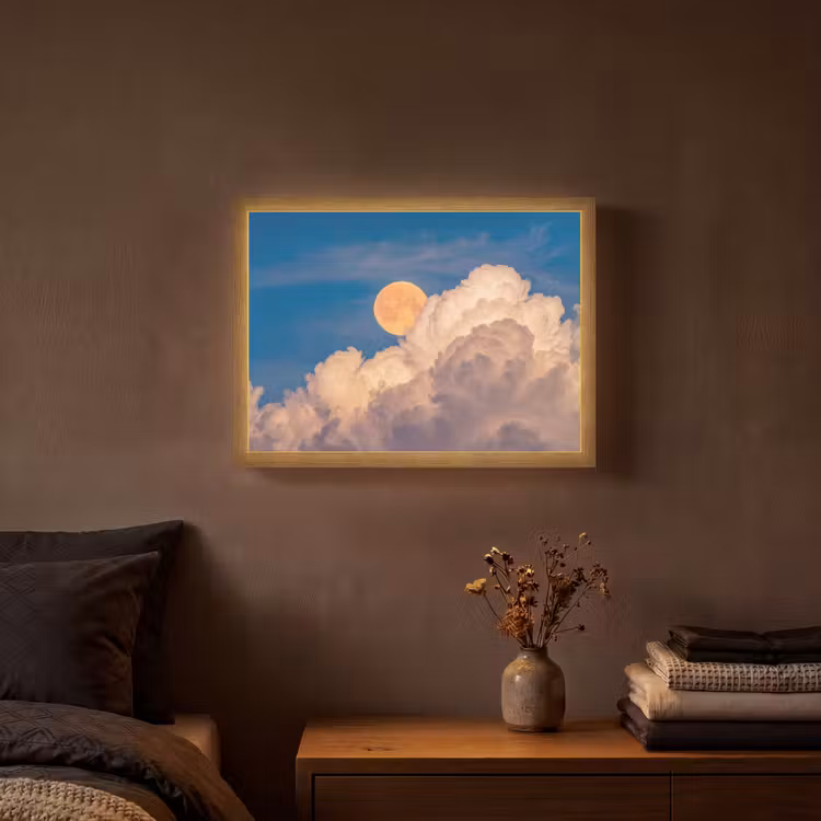 Maan - Wolken - Natuur - Oranje Light Box met batterij (Wandlamp) middel -sfeer4