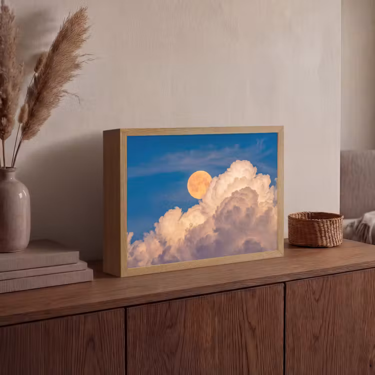 Maan - Wolken - Natuur - Oranje Light Box met batterij (Wandlamp) middel -sfeer2