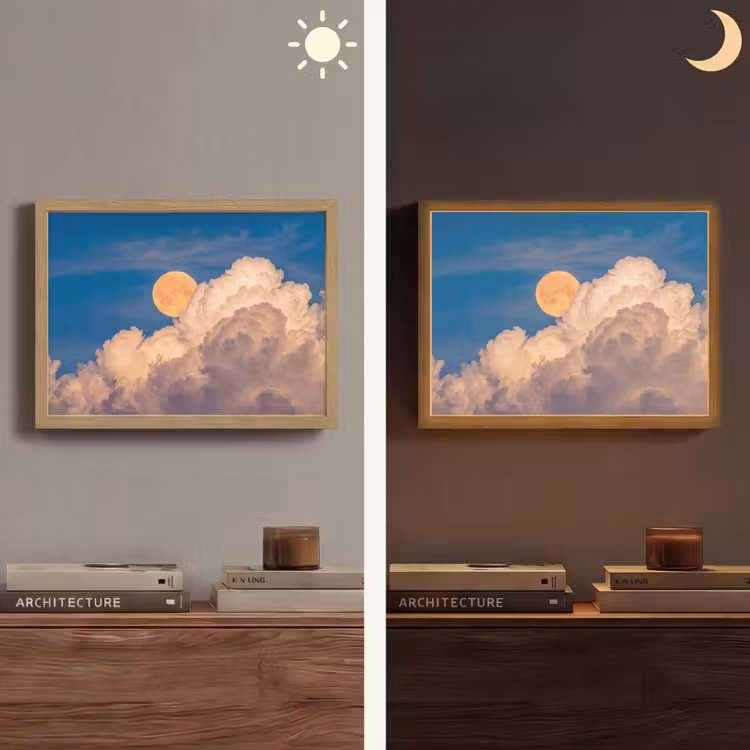 Maan - Wolken - Natuur - Oranje Light Box met batterij (Wandlamp) middel -sfeer3