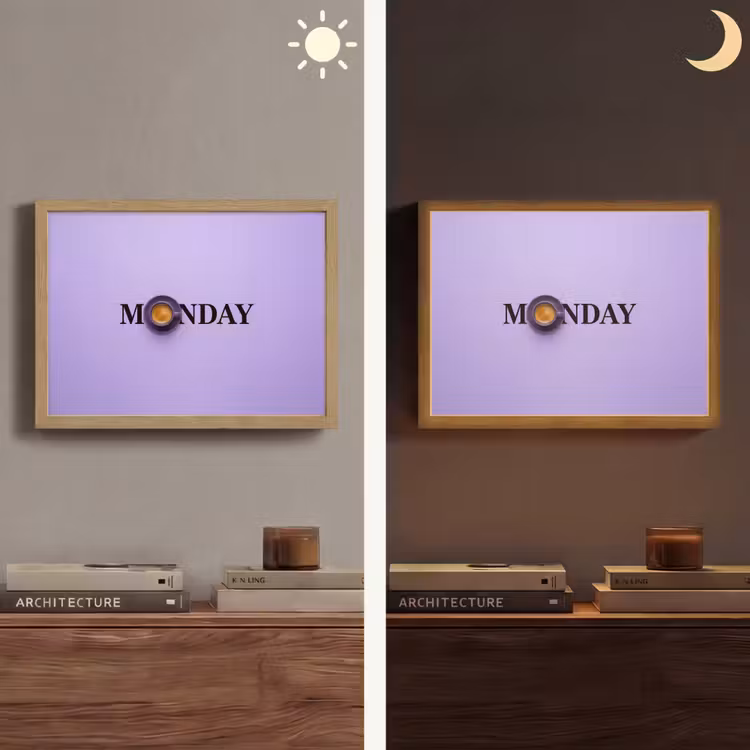 Maandag - Mok - Koffie - Paars Light Box met batterij (Wandlamp) middel -sfeer3