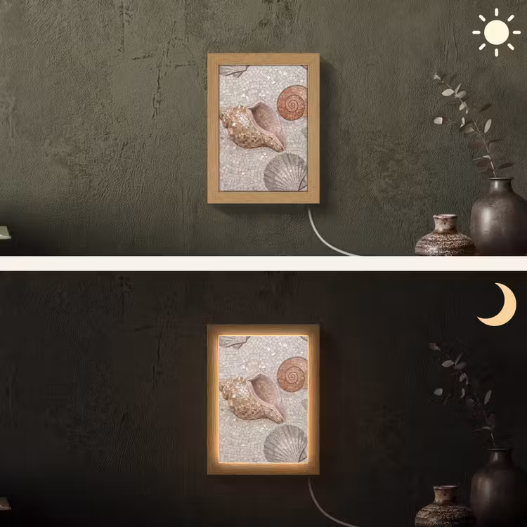 Schelp - Mozaïek - Zee - Beige - Modern Light Box met kabel (Wandlamp) klein -sfeer3