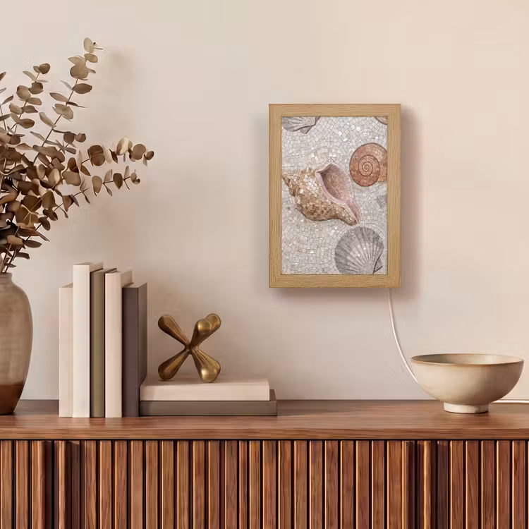 Schelp - Mozaïek - Zee - Beige - Modern Light Box met kabel (Wandlamp) klein -sfeer2