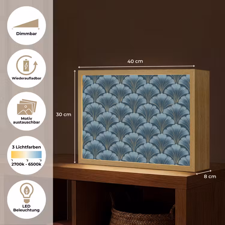 Patroon - Ginkgoblad - Blauw Light Box met batterij (Wandlamp) middel 907 -USP_websiteoverzichtDE