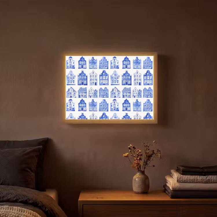 Patroon - Huizen - Blauw Light Box met batterij (Wandlamp) middel 907 -sfeer4