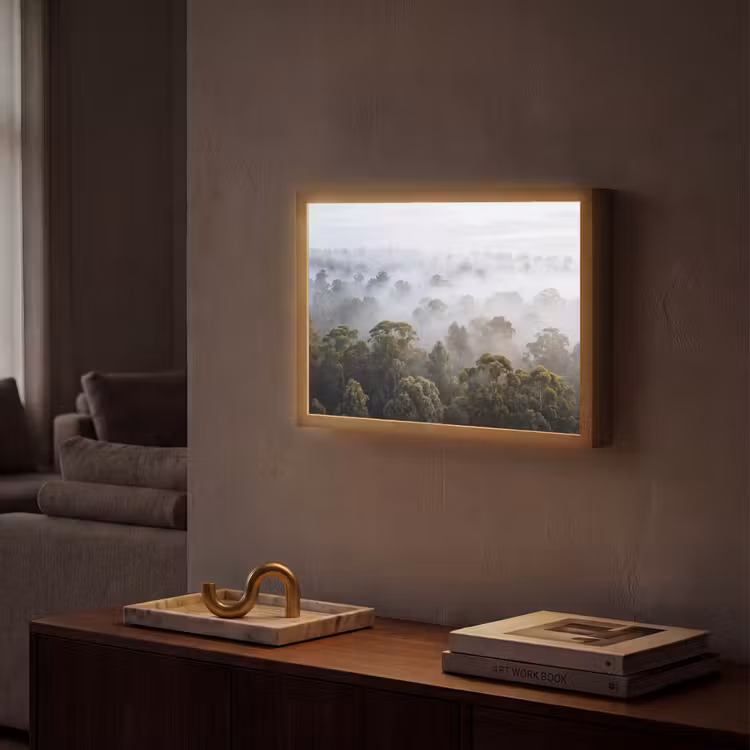 Natuur - Mist - Bos - Ochtend - Goud Light Box met batterij (Wandlamp) middel -sfeer1