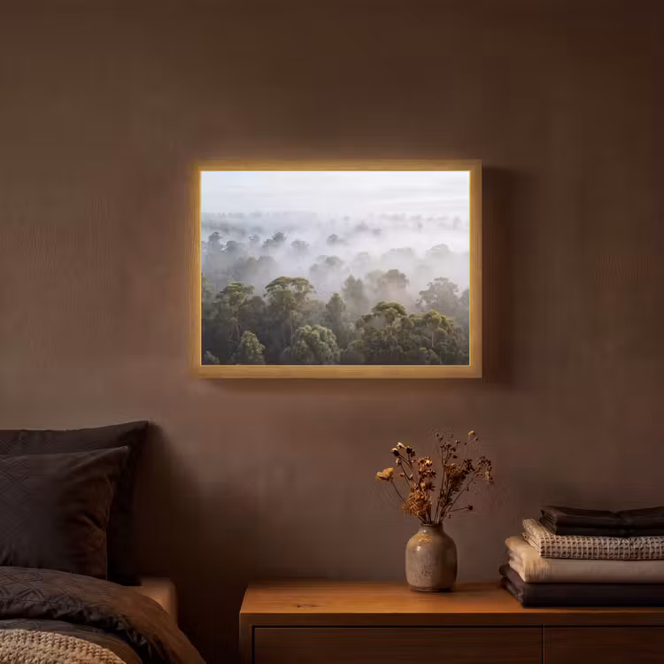 Natuur - Mist - Bos - Ochtend - Goud Light Box met batterij (Wandlamp) middel -sfeer4