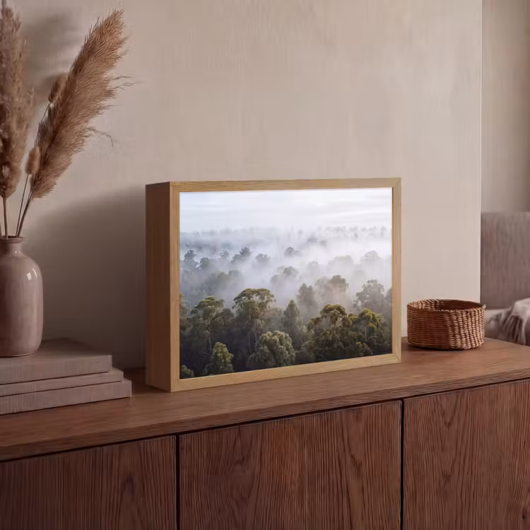 Natuur - Mist - Bos - Ochtend - Goud Light Box met batterij (Wandlamp) middel -sfeer2