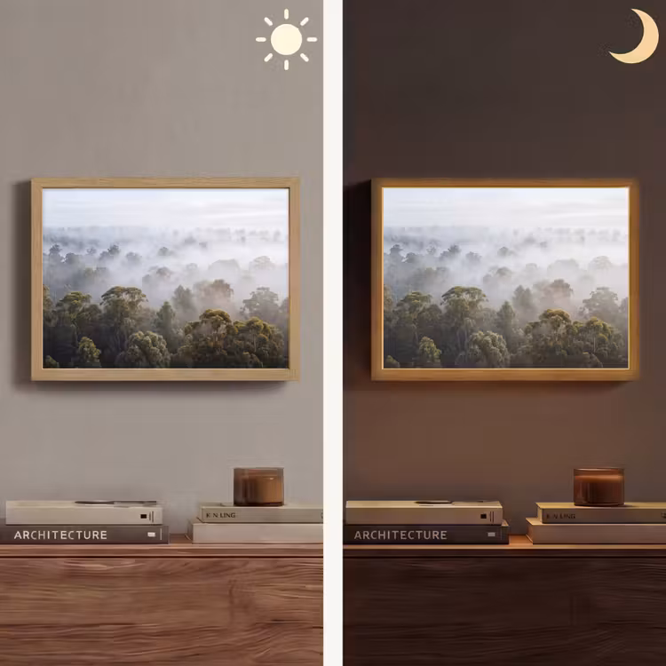 Natuur - Mist - Bos - Ochtend - Goud Light Box met batterij (Wandlamp) middel -sfeer3