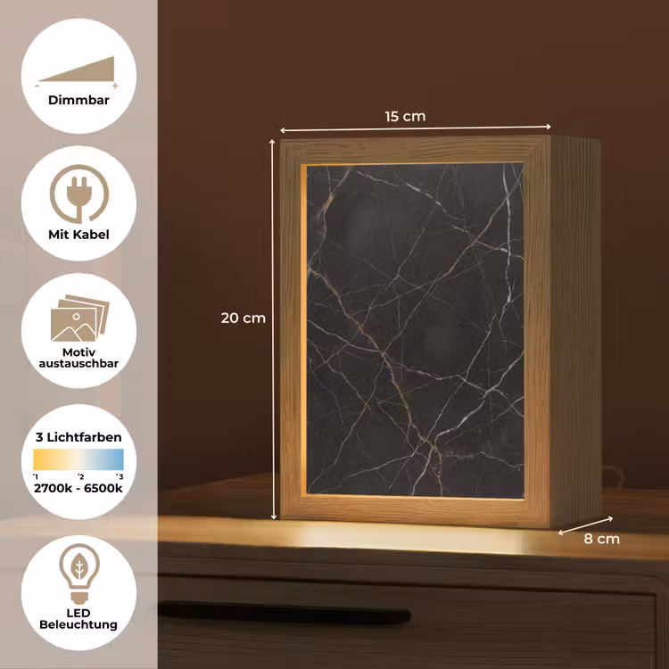 Natuursteen - Marmerpatroon - Abstract - Modern - Zwart - Goud Light Box met kabel (Wandlamp) klein -USP_websiteoverzichtDE