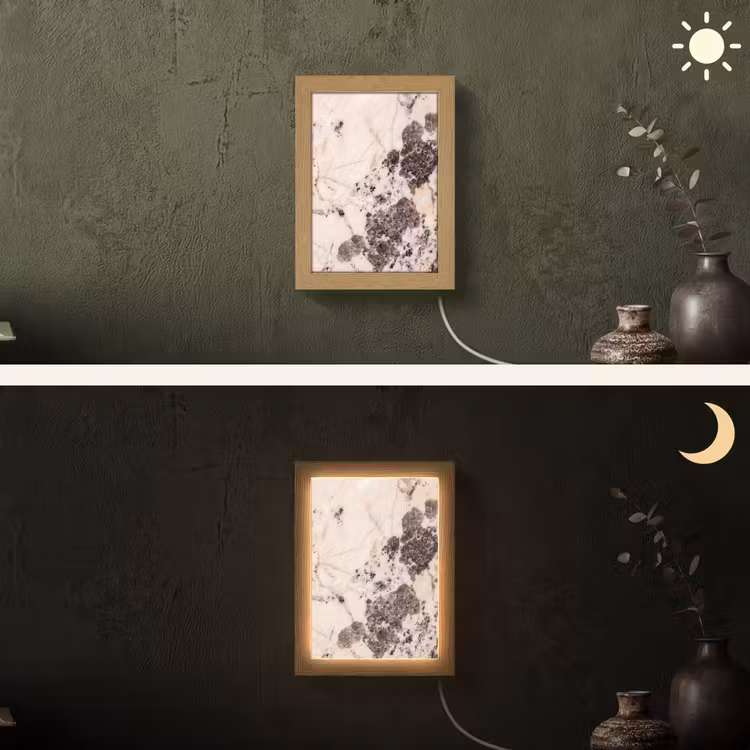 Natuursteen - Patroon - Abstract - Beige - Grijs Light Box met kabel (Wandlamp) klein -sfeer3