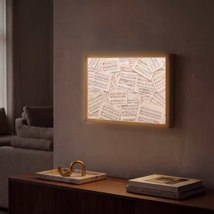 Bladmuziek - Oud - Noten - Vintage - Beige Light Box met batterij (Wandlamp) middel -sfeer1