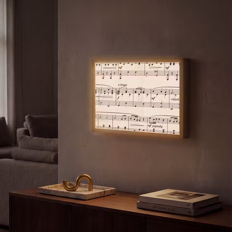 Muzieknotatie - Notenbalken - Kunst - Klassiek - Beige Light Box met batterij (Wandlamp) middel -sfeer1