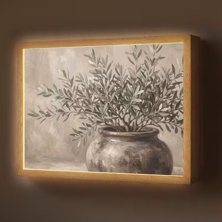 Olijfplant - Aardenpot - Abstract - Beige Light Box met batterij (Wandlamp) middel -z3d_website