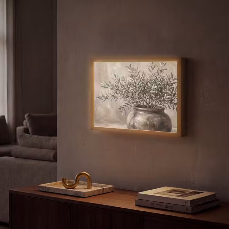 Olijfplant - Aardenpot - Abstract - Beige Light Box met batterij (Wandlamp) middel -sfeer1