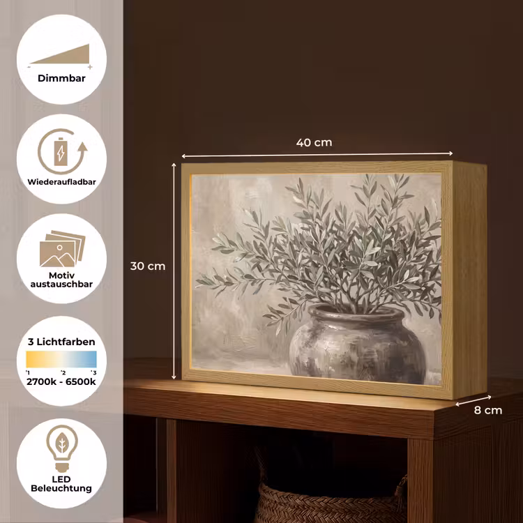 Olijfplant - Aardenpot - Abstract - Beige Light Box met batterij (Wandlamp) middel -USP_websiteoverzichtDE