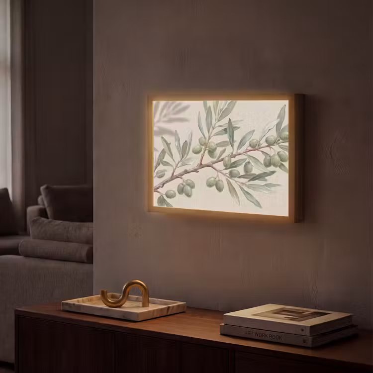 Olijftak - Bladeren - Natuur - Groen - Beige Light Box met batterij (Wandlamp) middel -sfeer1