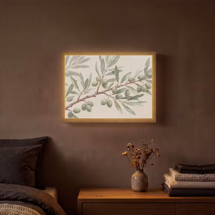 Olijftak - Bladeren - Natuur - Groen - Beige Light Box met batterij (Wandlamp) middel -sfeer4